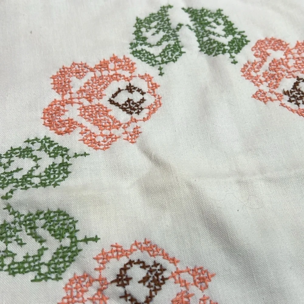 Vintage Cross Stitch pillow cover handmade White with eyelet trim pillow cover.